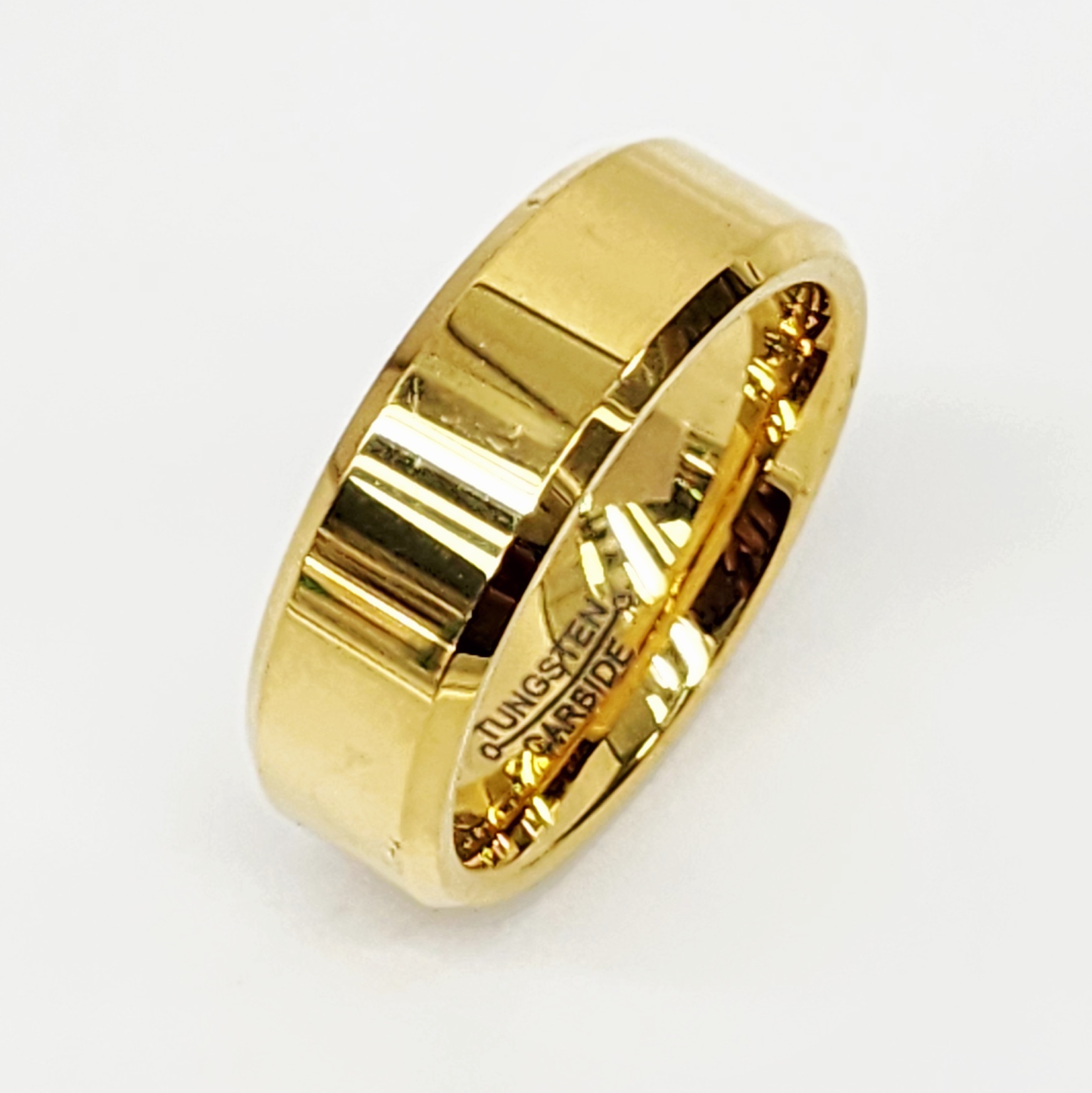 8mm Wide Gold Plated Tungsten Carbide Ring with Beveled Edge & Comfort Fit Band - TC03 Gold Rings 