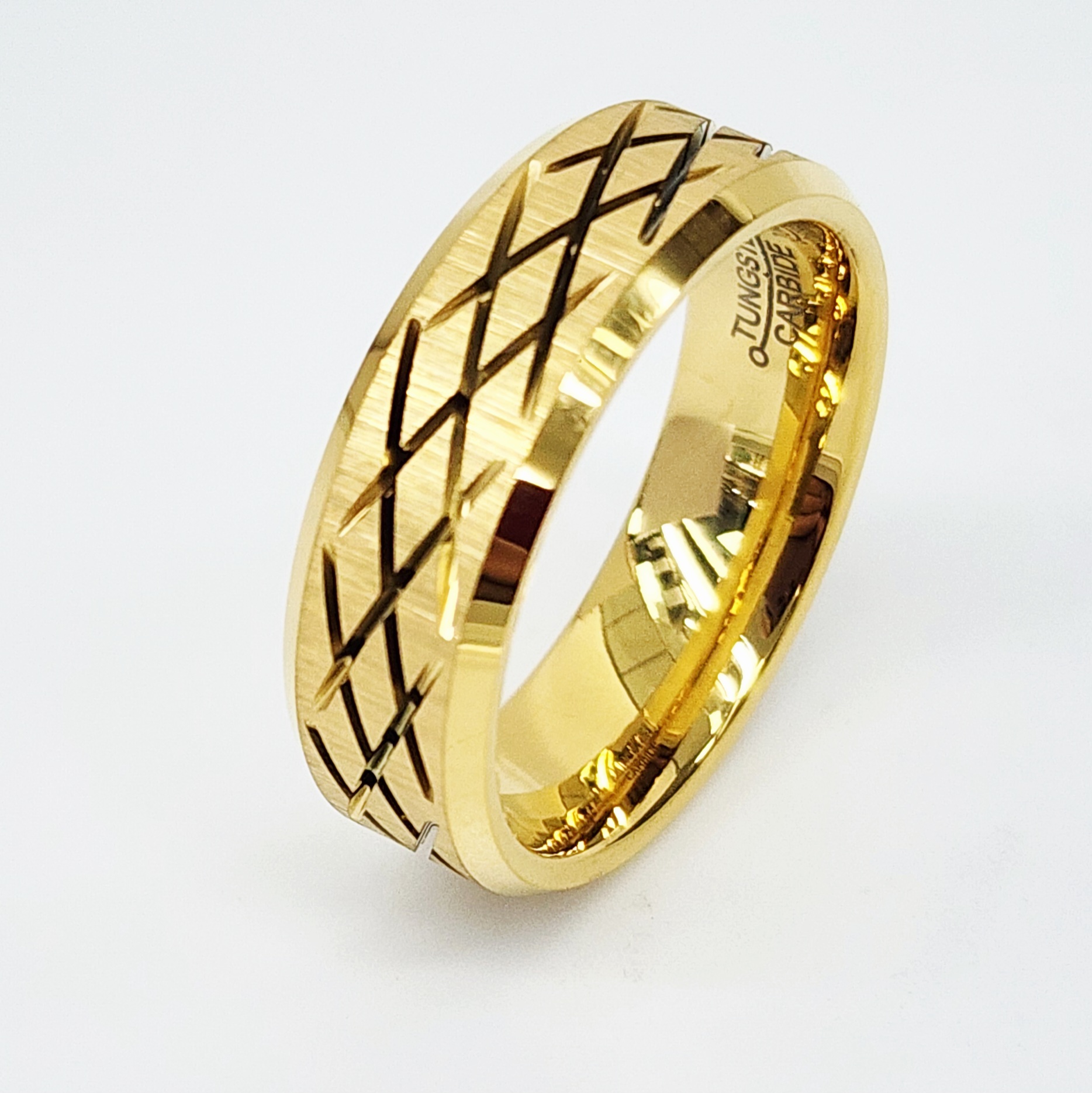 8mm Wide Gold Plated Tungsten Carbide Ring with Criss Cross Carved, Beveled Edge & Comfort Fit Band - TC06 Gold Rings 