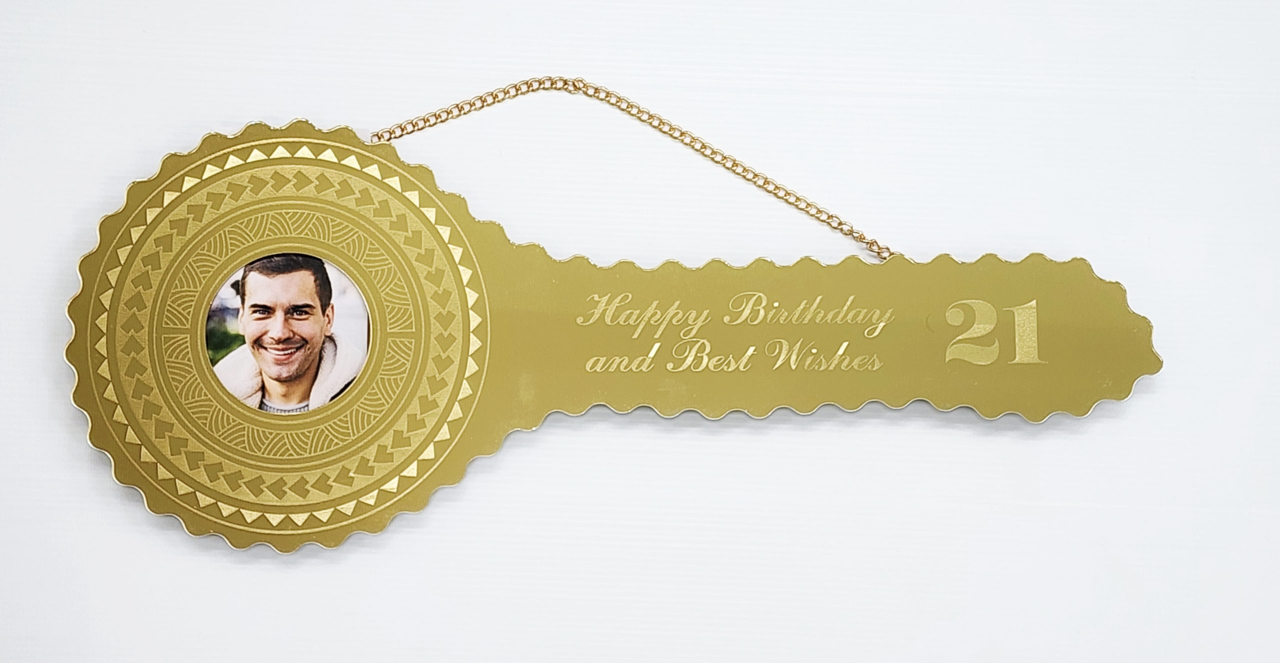 Gold Mirror Perspex Acrylic Laser Engraved Design with "21" Photo Birthday Key - SJ2509 21ST MIRROR KEYS 