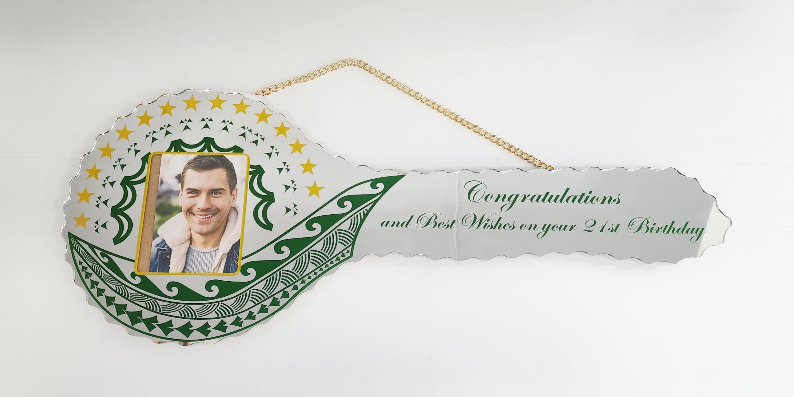 Cook Island Design with 15 Golden Stars 21st Mirror / Glass Photo Birthday Key - SJ2413 21ST MIRROR KEYS 