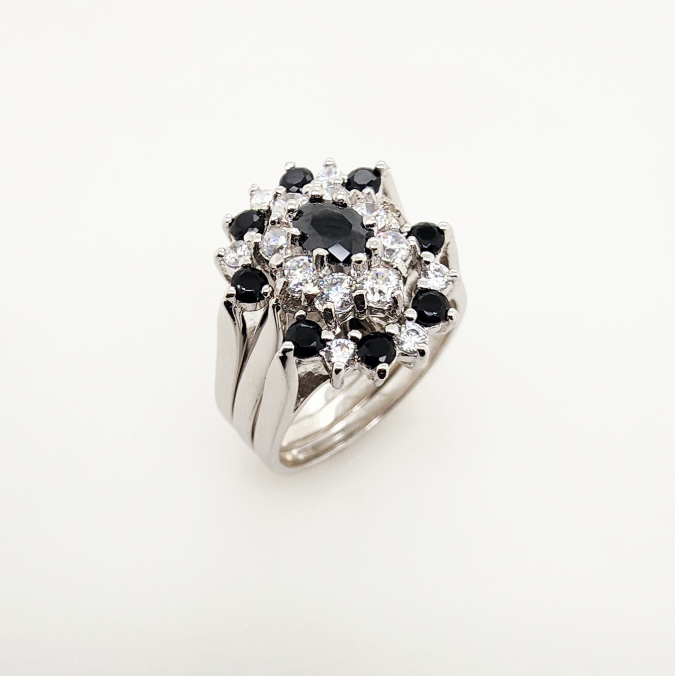 Sterling Silver 3 Piece Cluster Ring Set with Cubic Zirconia & Created Black Sapphire Setting - R005CZBLK Sterling Silver Rings 