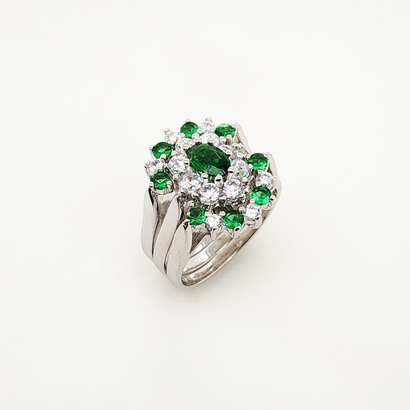 Sterling Silver 3 Piece Cluster Ring Set with Cubic Zirconia & Created Emerald Setting - R005CZGRN Sterling Silver Rings 