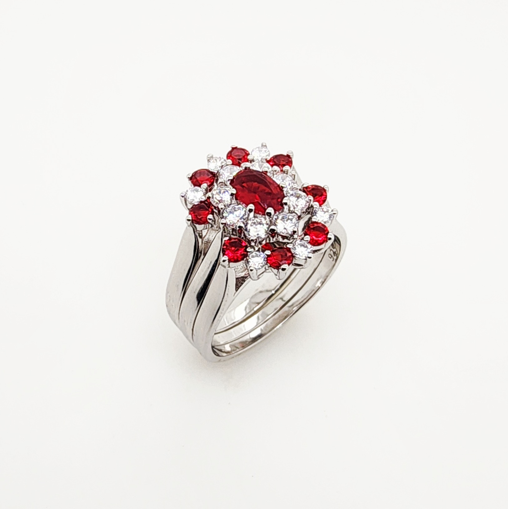 Sterling Silver 3 Piece Cluster Ring Set with Cubic Zirconia & Created Ruby Colour Setting - R005CZRED Sterling Silver Rings Sterling Silver 3 Piece Cluster Ring Set with Cubic Zirconia & Created Ruby Colour Setting - R005CZRED Sterling Silver Rings