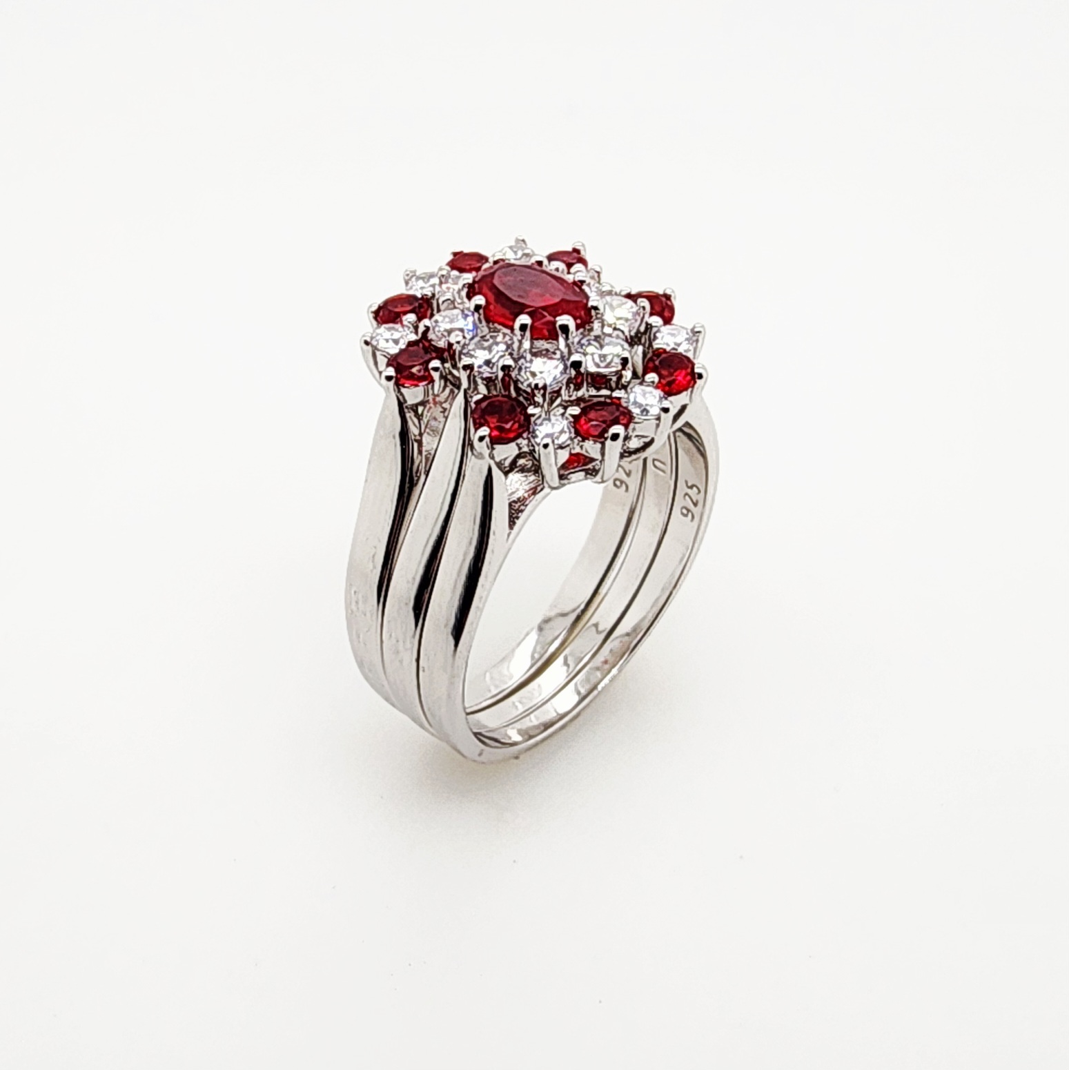 Sterling Silver 3 Piece Cluster Ring Set with Cubic Zirconia & Created Ruby Colour Setting - R005CZRED Sterling Silver Rings Sterling Silver 3 Piece Cluster Ring Set with Cubic Zirconia & Created Ruby Colour Setting - R005CZRED Sterling Silver Rings