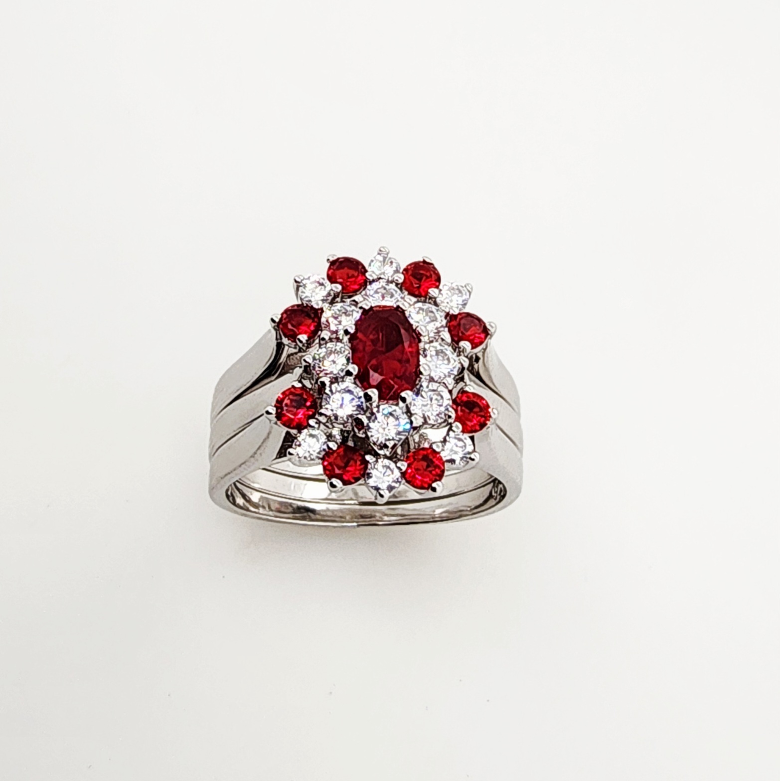 Sterling Silver 3 Piece Cluster Ring Set with Cubic Zirconia & Created Ruby Colour Setting - R005CZRED Sterling Silver Rings Sterling Silver 3 Piece Cluster Ring Set with Cubic Zirconia & Created Ruby Colour Setting - R005CZRED Sterling Silver Rings
