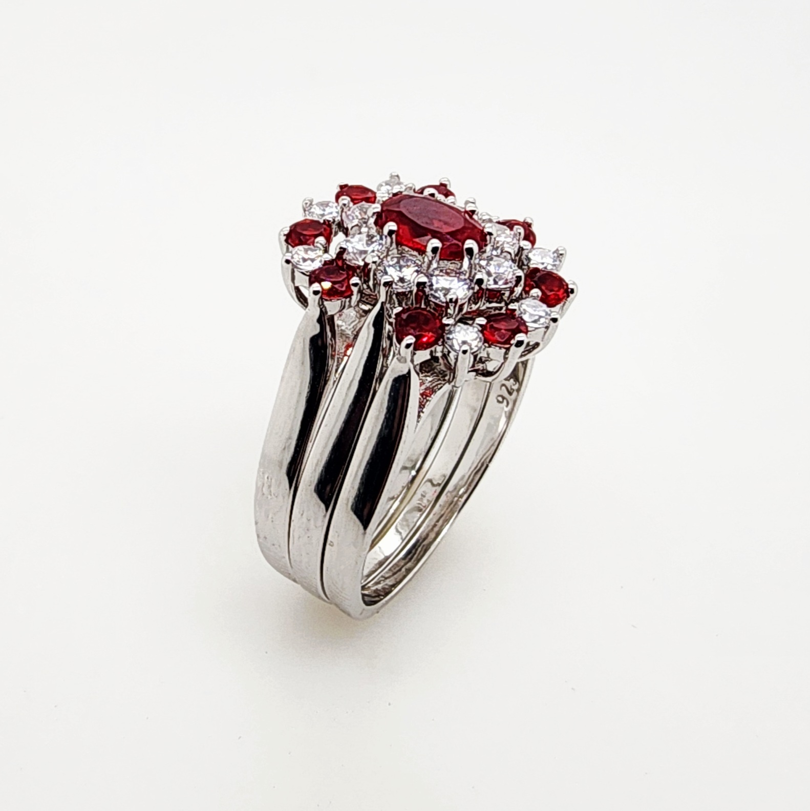 Sterling Silver 3 Piece Cluster Ring Set with Cubic Zirconia & Created Ruby Colour Setting - R005CZRED Sterling Silver Rings Sterling Silver 3 Piece Cluster Ring Set with Cubic Zirconia & Created Ruby Colour Setting - R005CZRED Sterling Silver Rings