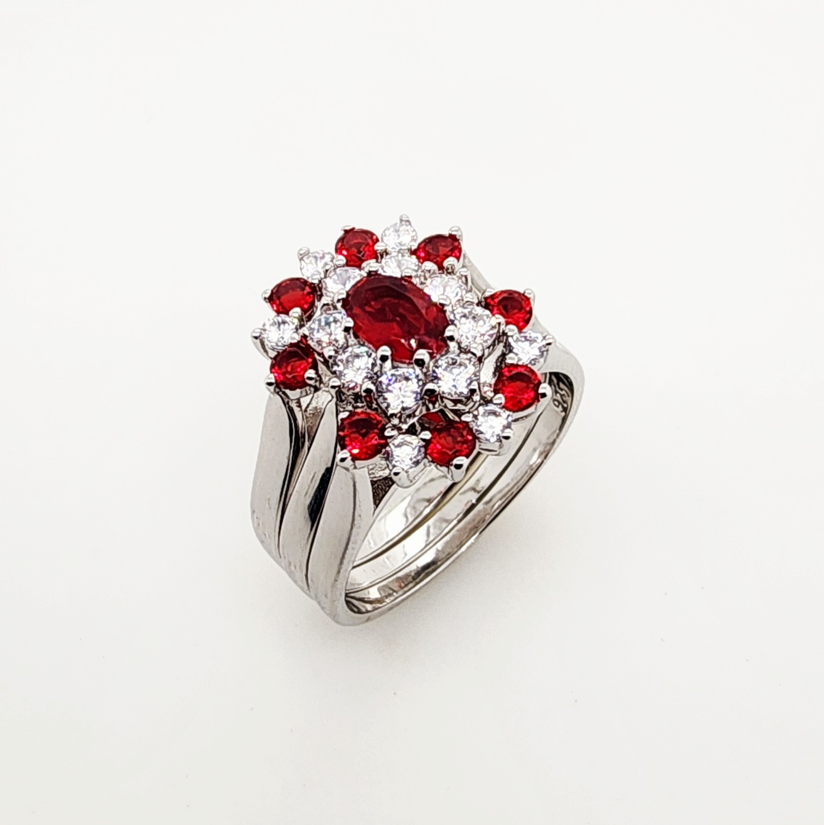 Sterling Silver 3 Piece Cluster Ring Set with Cubic Zirconia & Created Ruby Colour Setting - R005CZRED Sterling Silver Rings 