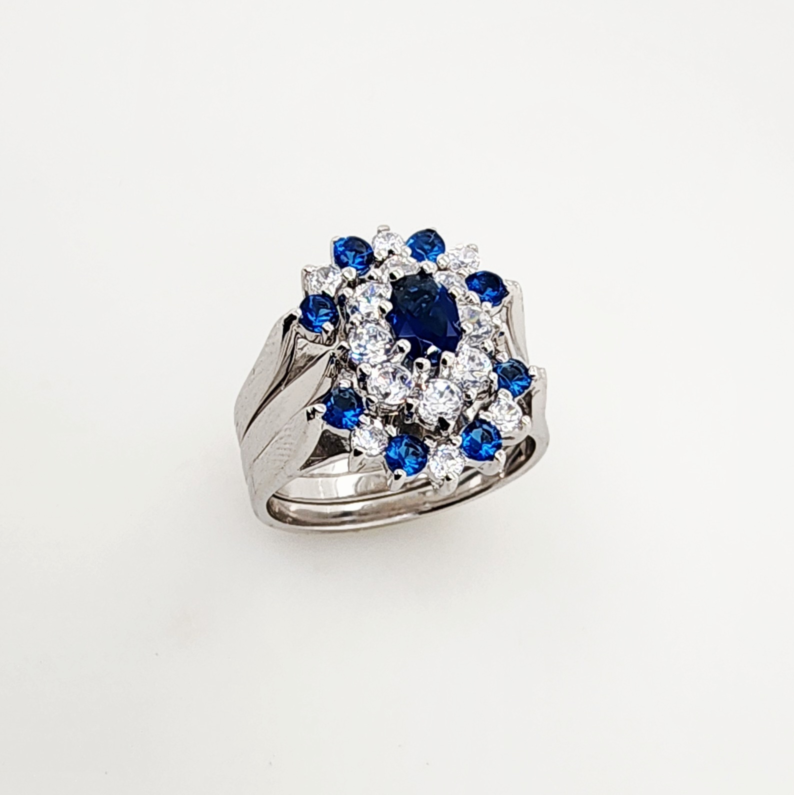 Sterling Silver 3 Piece Cluster Ring Set with Cubic Zirconia & Created Blue Sapphire Setting - R005CZBLU Sterling Silver Rings 