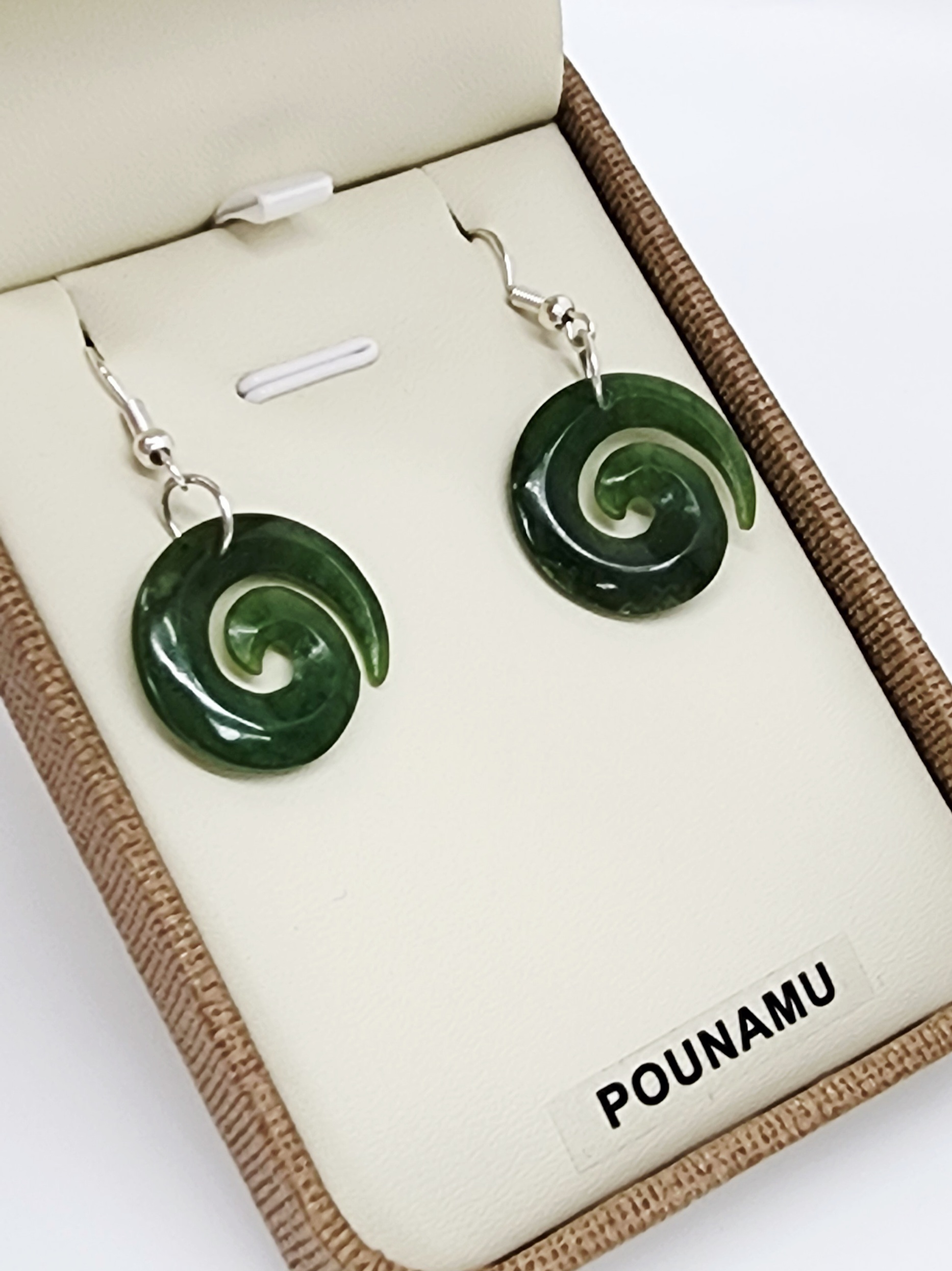 NZ Greenstone Koru Earrings with Sterling Silver Hooks - HE54 Greenstone Jewellery 