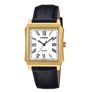 Casio Analogue White Dial, Gold Case & Black Leather Strap Watch - MTPB190GL-7B CASIO 