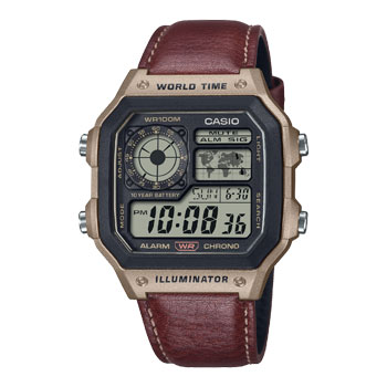 Casio Digital Gadget Inspired, Brown Leather WR Watch - AE1200WHL-5A CASIO