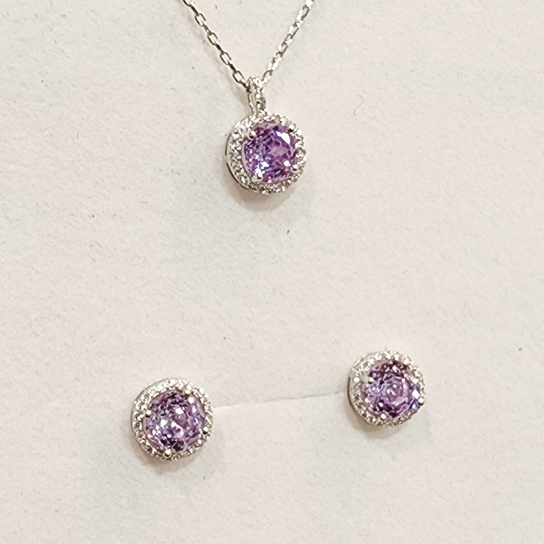 Sterling Silver Halo Setting Pendant & Stud Earrings Set with Cubic Zirconia Setting - SSPESET01 Greenstone?Jewellery 