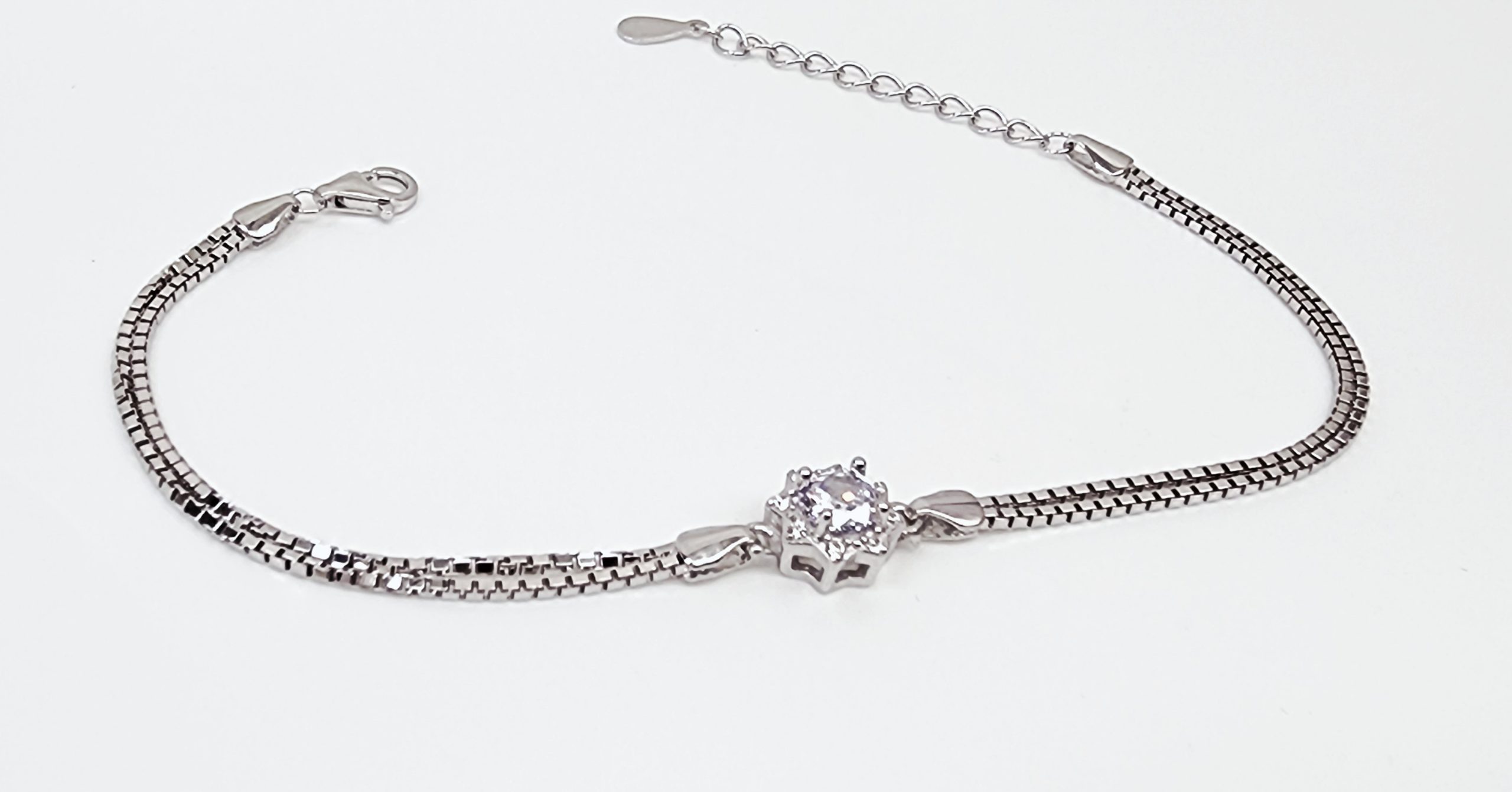 Sterling Silver Cubic Zirconia Set Double Box Chain Link Bracelet 16cm + 3cm - SSCZB01 Greenstone?Jewellery 