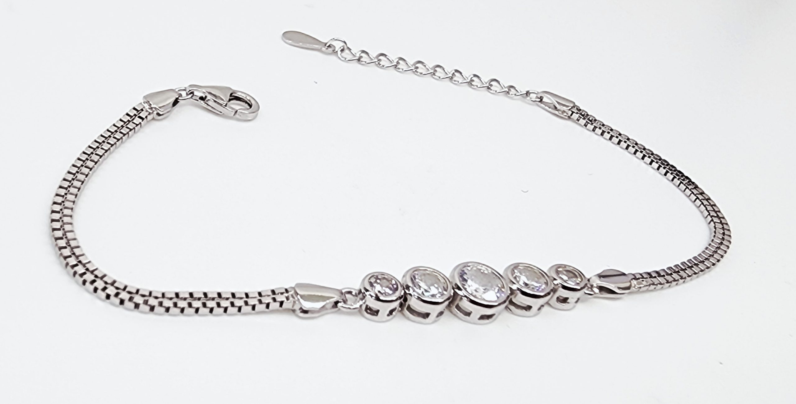 Sterling Silver Five Round Cubic Zirconia Set Double Box Chain Link Bracelet 16cm + 3cm - SSCZB06 Greenstone?Jewellery 