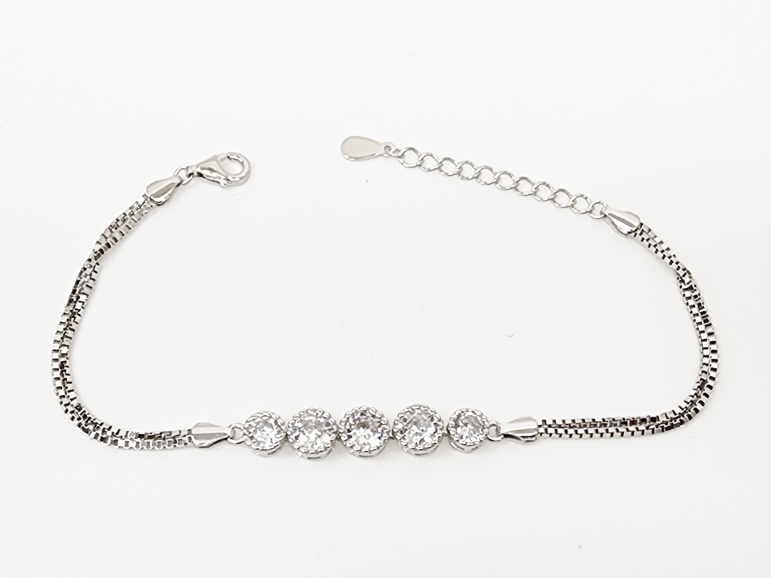 Sterling Silver Five Round Cubic Zirconia Set Double Box Chain Link Bracelet 16cm + 3cm - SSCZB07 Greenstone?Jewellery 