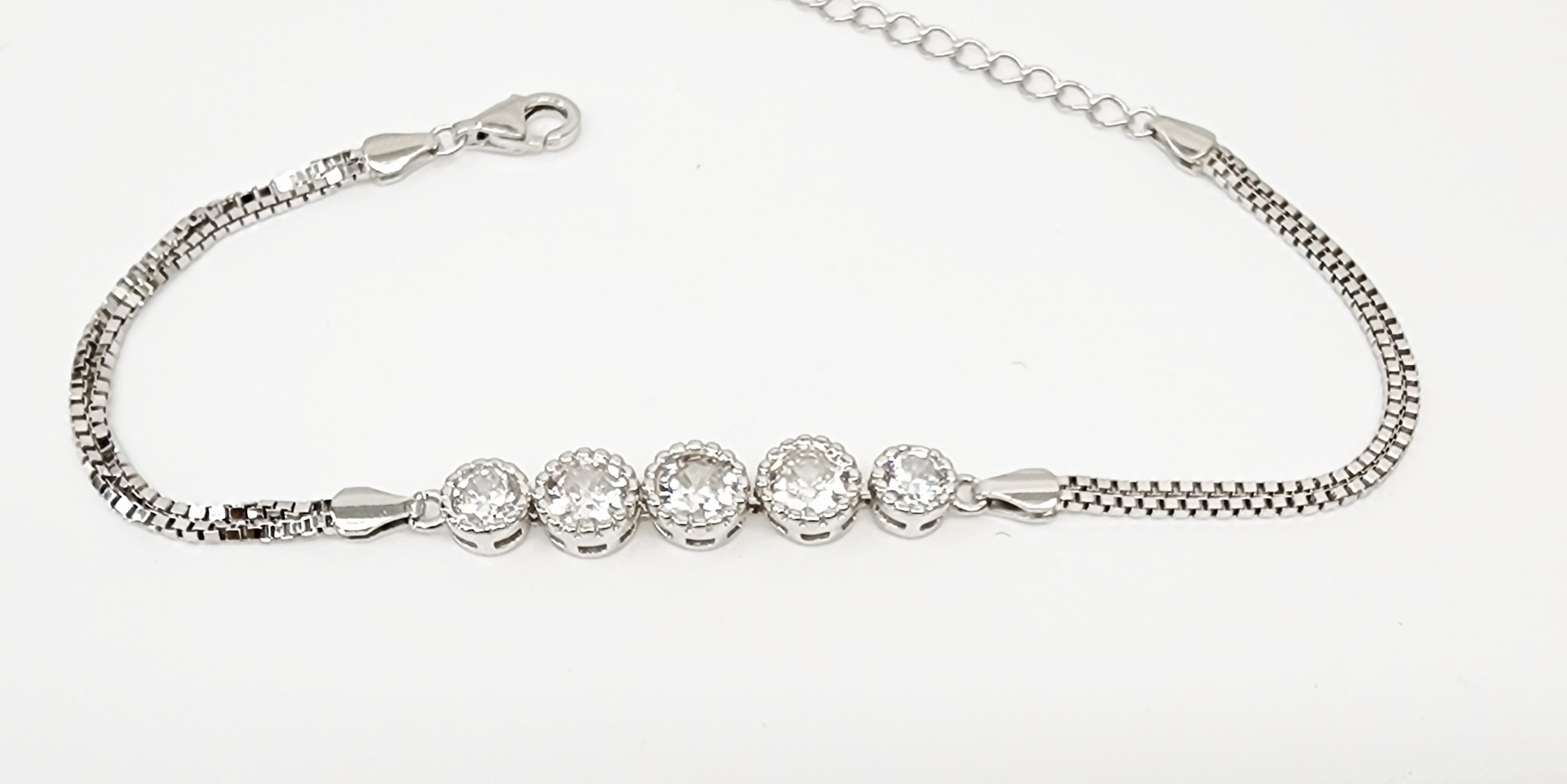 Sterling Silver Five Round Cubic Zirconia Set Double Box Chain Link Bracelet 16cm + 3cm - SSCZB07 Greenstone?Jewellery Sterling Silver Five Round Cubic Zirconia Set Double Box Chain Link Bracelet 16cm + 3cm - SSCZB07 Greenstone?Jewellery
