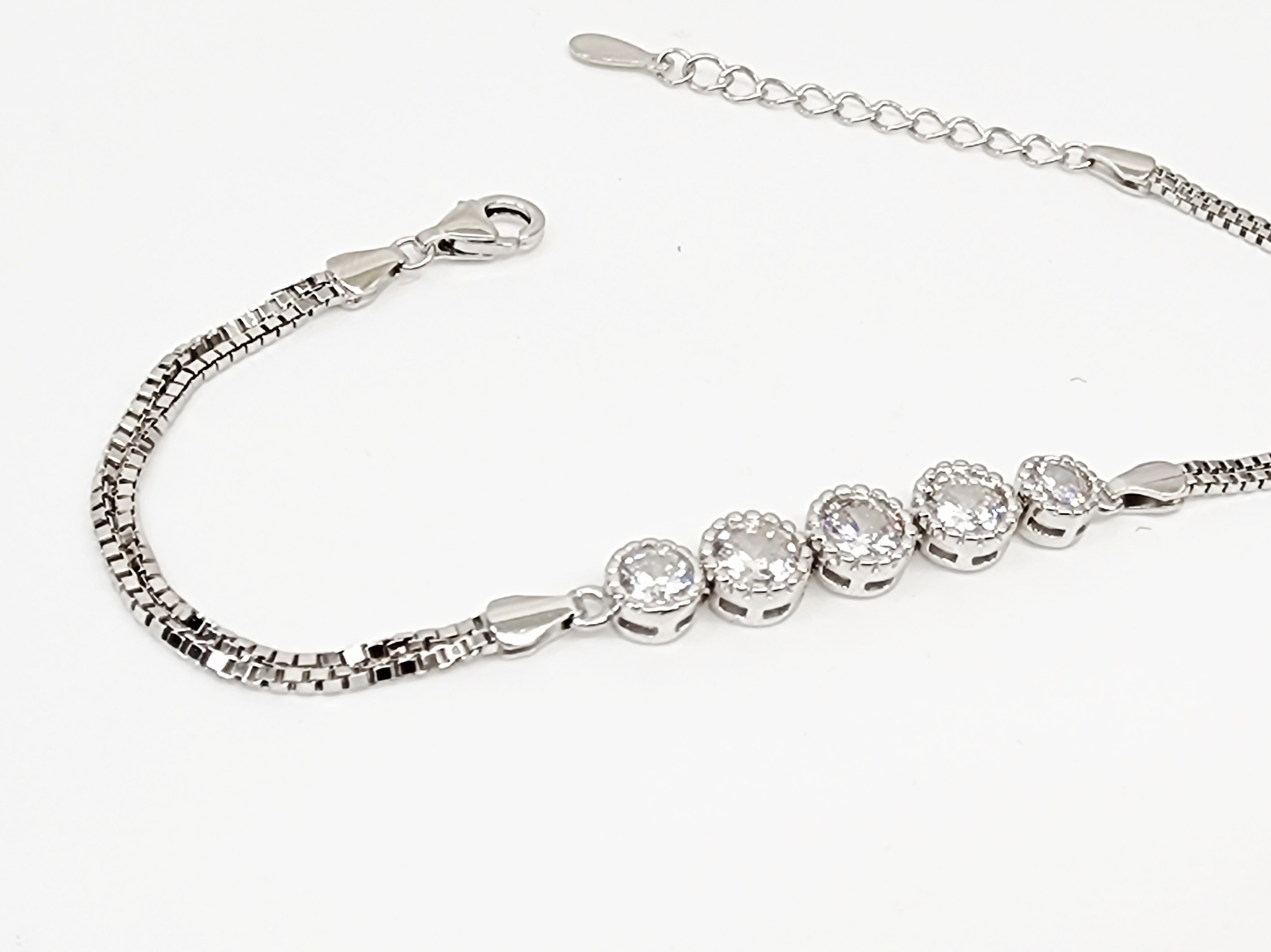 Sterling Silver Five Round Cubic Zirconia Set Double Box Chain Link Bracelet 16cm + 3cm - SSCZB07 Greenstone?Jewellery Sterling Silver Five Round Cubic Zirconia Set Double Box Chain Link Bracelet 16cm + 3cm - SSCZB07 Greenstone?Jewellery