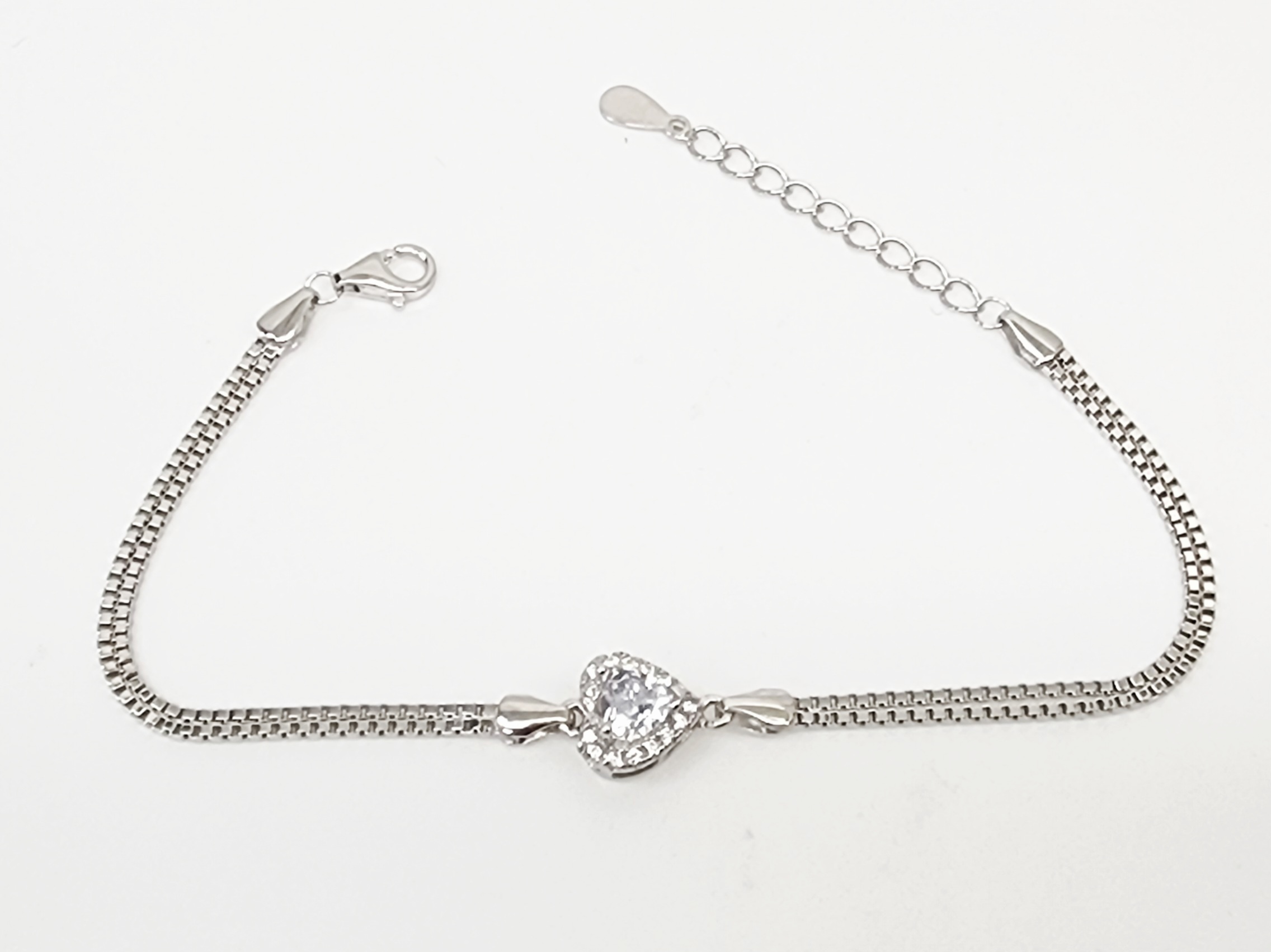 Sterling Silver Heart Shape Cubic Zirconia Set Double Box Chain Link Bracelet 16cm + 3cm - SSCZB04 Greenstone?Jewellery 