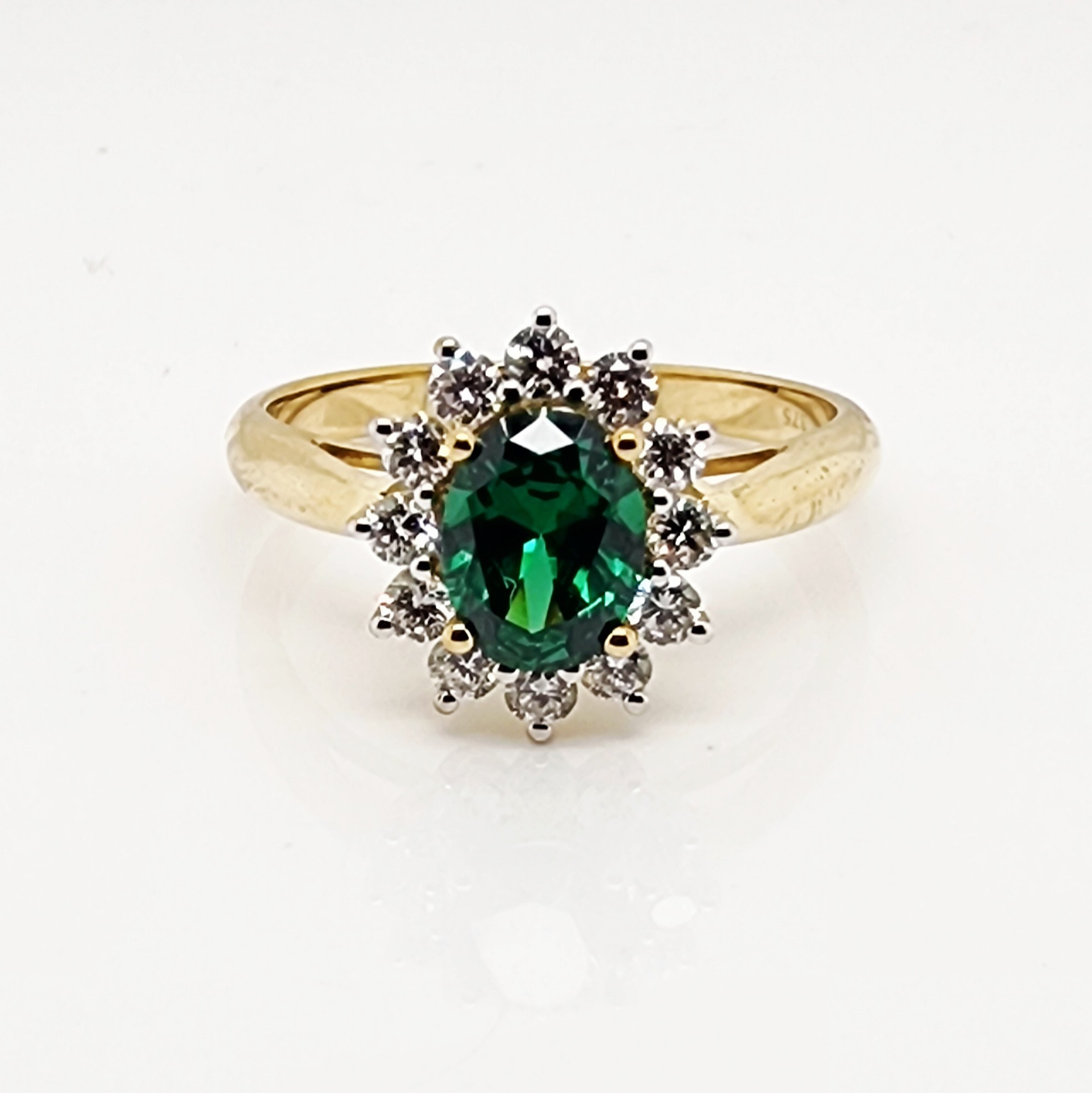 9ct Yellow Gold 6 x 8 Oval Created Emerald with 0.54ct LAB Diamond Halo Setting - D/A469CELGD Greenstone?Jewellery 