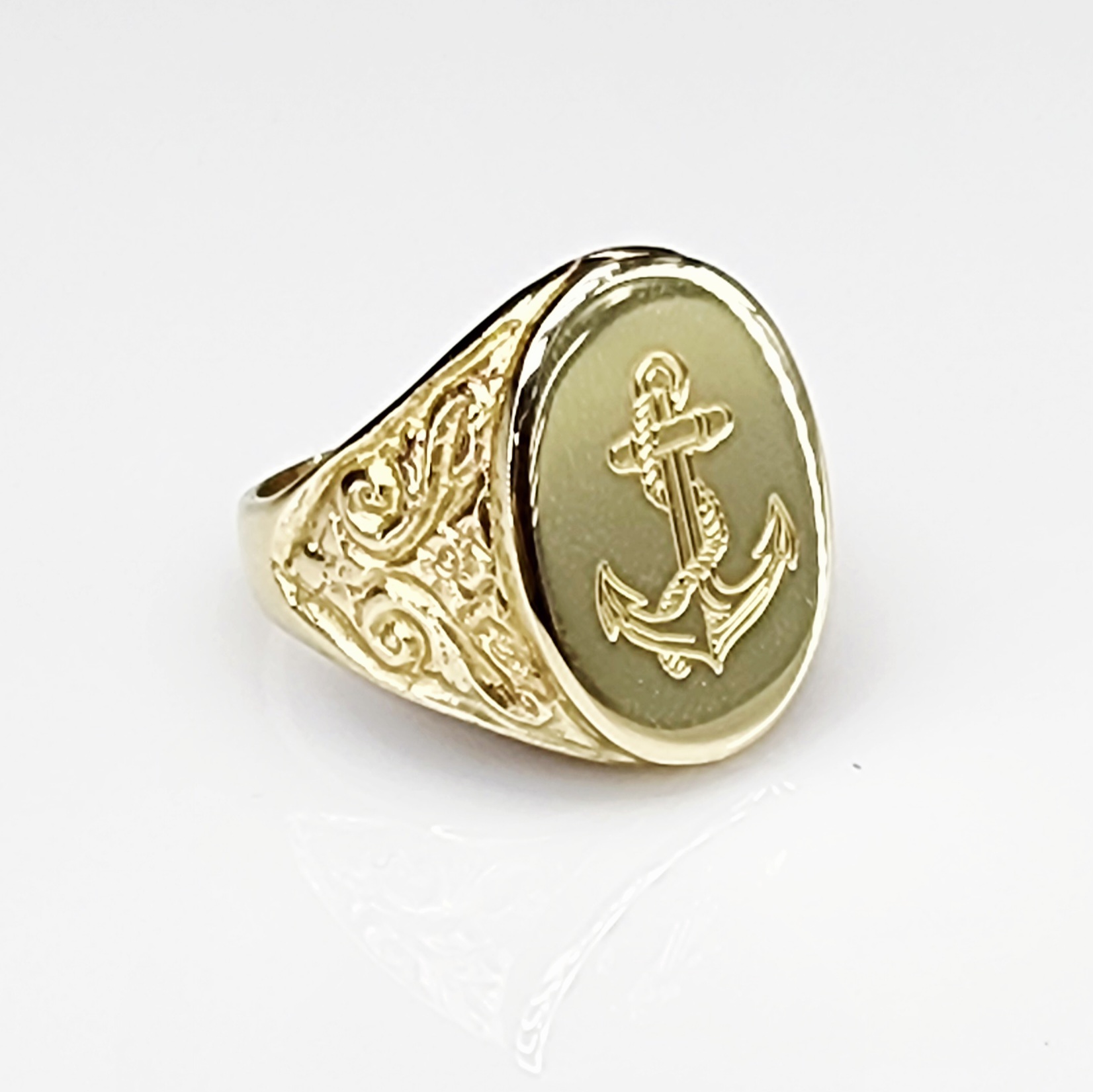 9ct Yellow Gold Gents Oval Signet Ring 22mmx16mm Engraved Anchor & Rope Design - 9YP13 Gold Earrings 