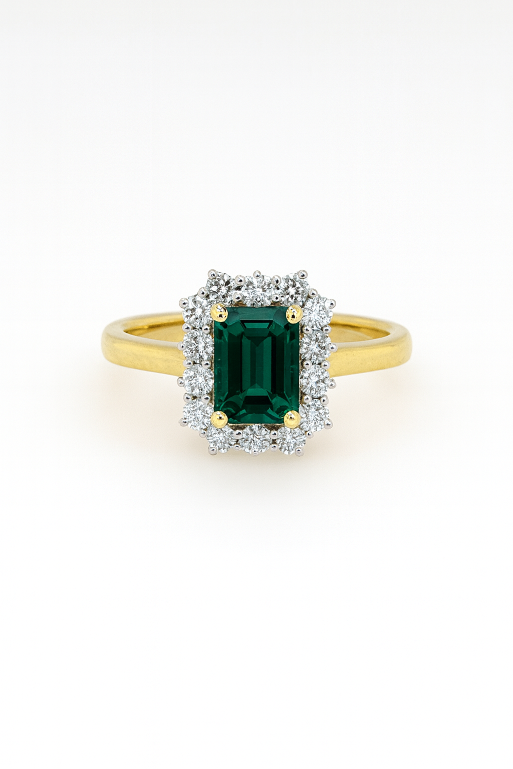 9ct Yellow Gold Radiant Cut Emerald & 1.05ct Diamond Halo Ring – Lab-Grown - AURG726-EM Gold Earrings 