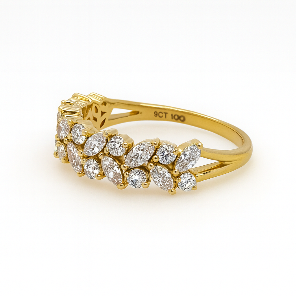 9ct Yellow Gold Round & Marquise Diamond Leaf Wedding Band with LAB Grown Diamond 0.88ct - AURG1269 Gold Earrings 