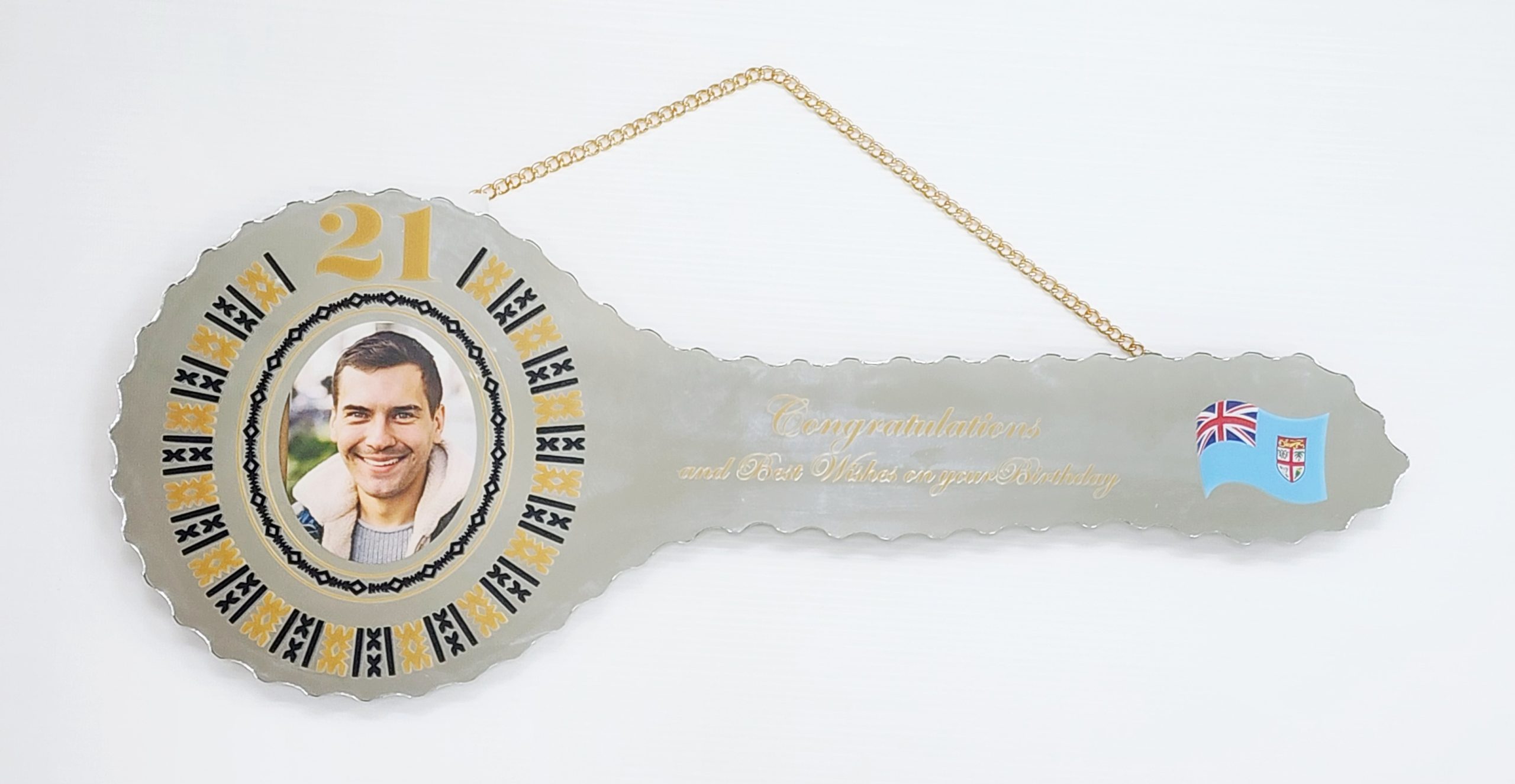Gold & Black Fijian Design and Coloured Flag Mirrored/Glass Photo 21st Birthday Key - SJ2506 21ST MIRROR KEYS 