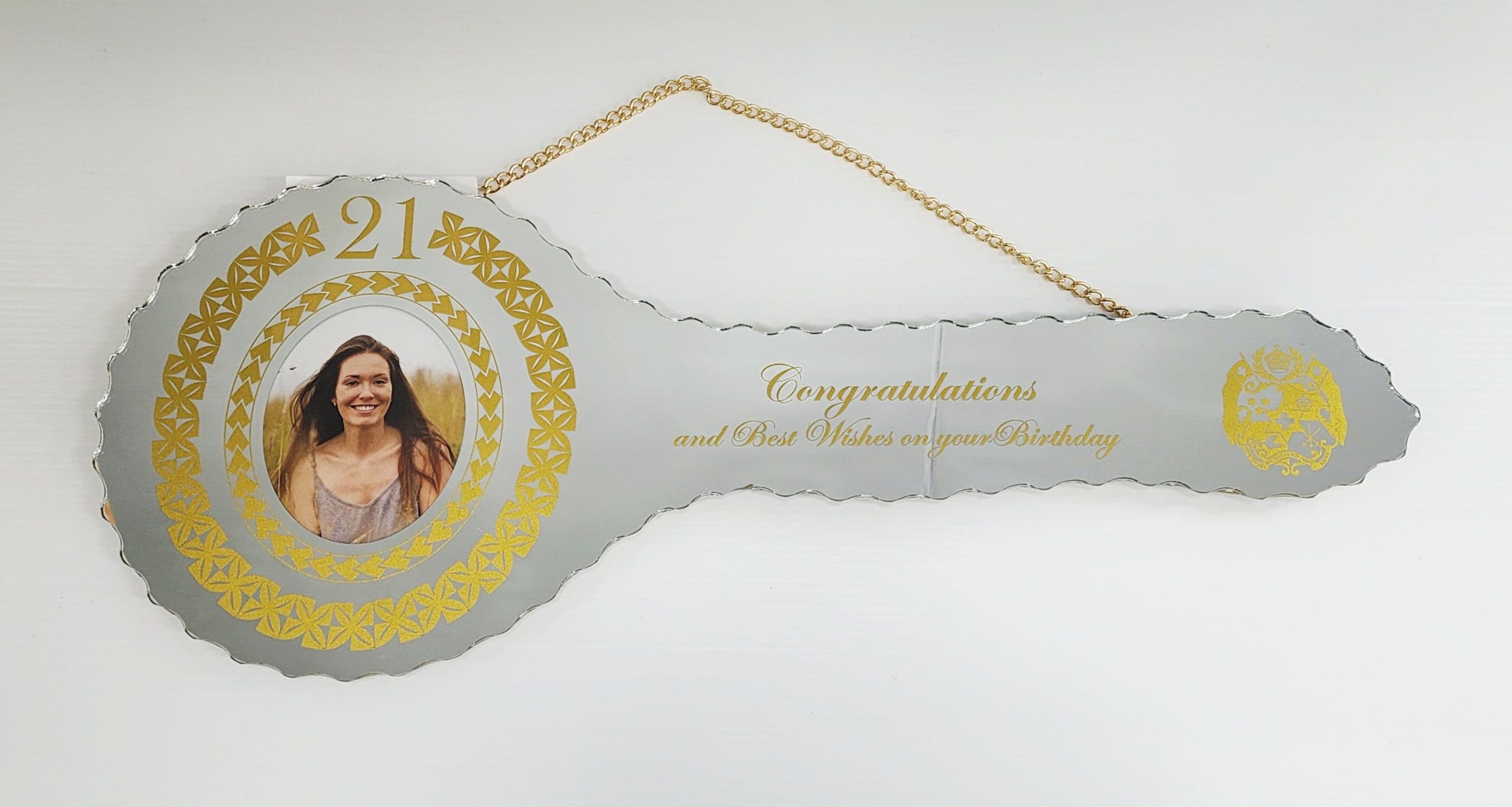 Golden Print Design with Tongan Sila & Tattoo Patterns Mirrored/Glass Photo 21st Birthday Key - SJ2503 21ST MIRROR KEYS 