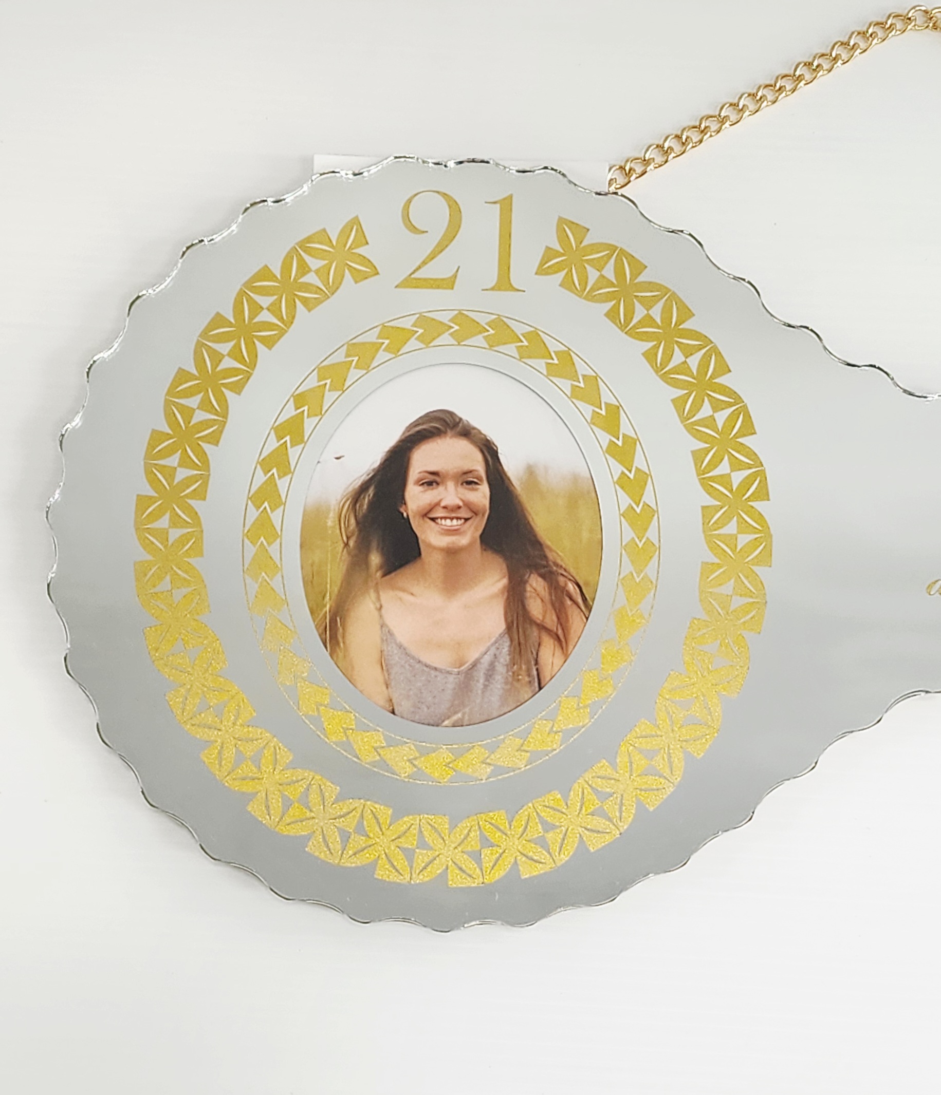Golden Print Design with Tongan Sila & Tattoo Patterns Mirrored/Glass Photo 21st Birthday Key - SJ2503 21ST MIRROR KEYS Golden Print Design with Tongan Sila & Tattoo Patterns Mirrored/Glass Photo 21st Birthday Key - SJ2503 21ST MIRROR KEYS