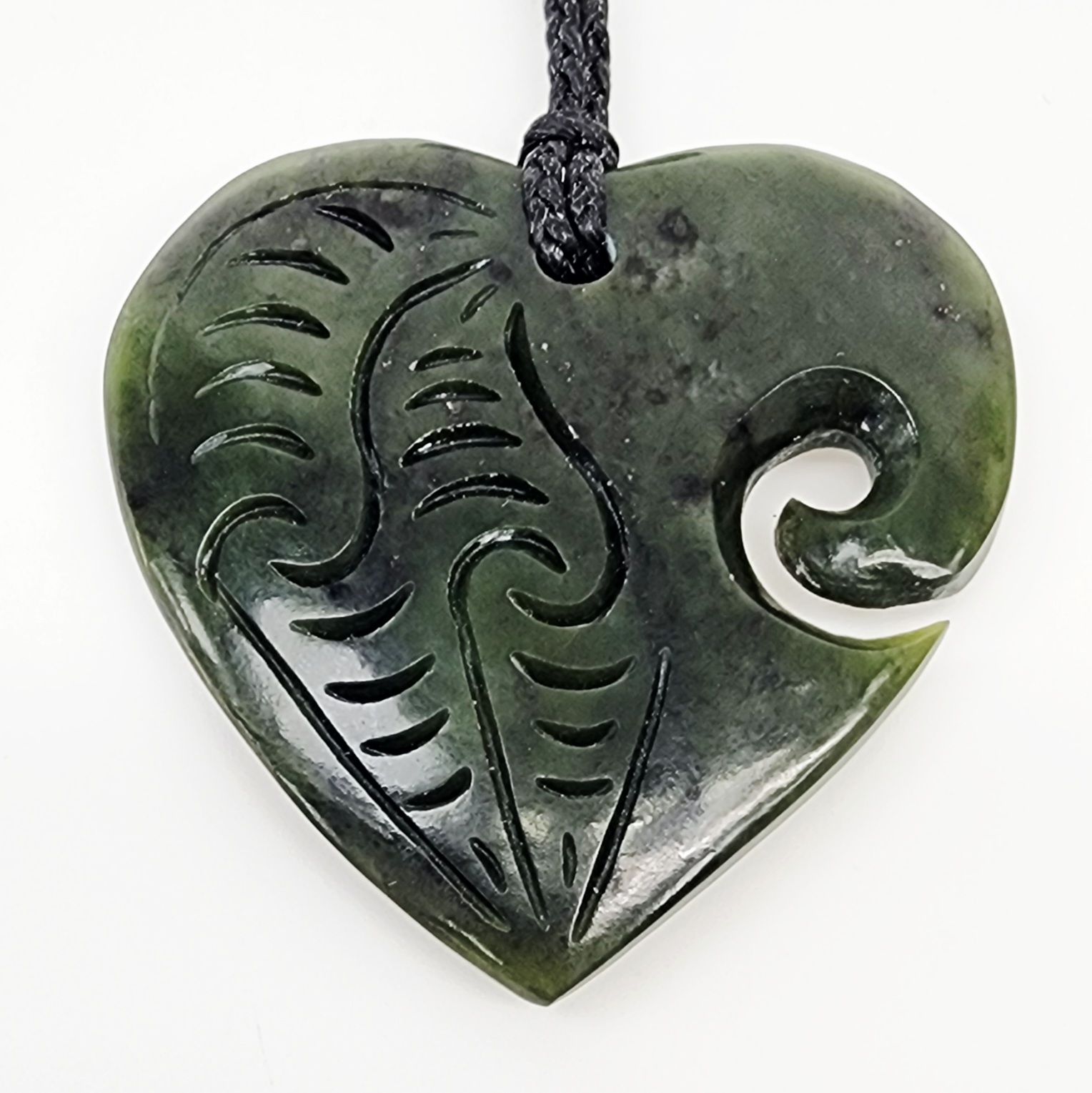 New Zealand Pounamu Engraved Heart with Koru Necklace - HPN321.67 Greenstone?Jewellery 