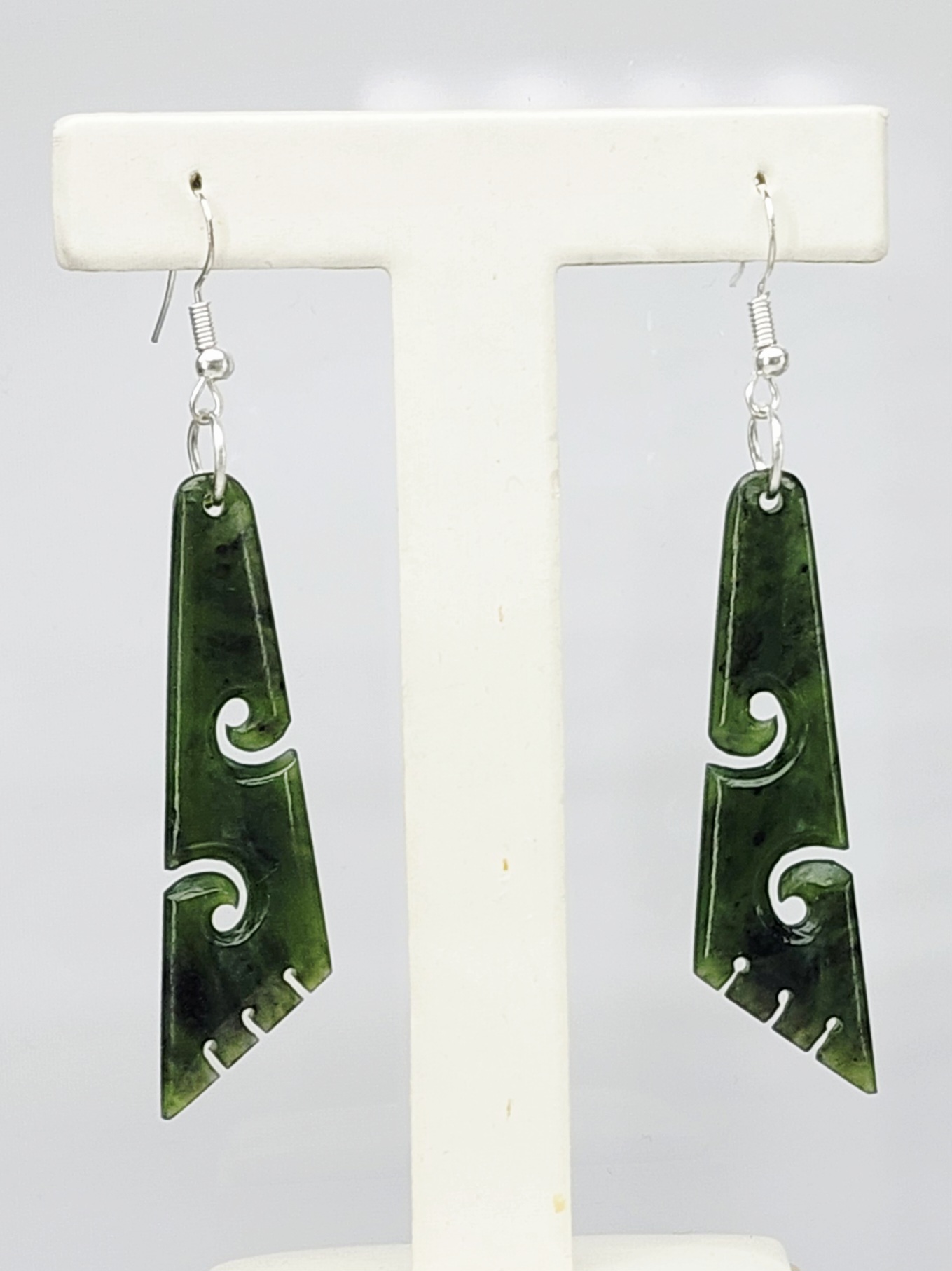 Pounamu Koru Drop Triangle Earrings Sterling Silver Setting and Hooks - EK2.45 Greenstone?Jewellery 