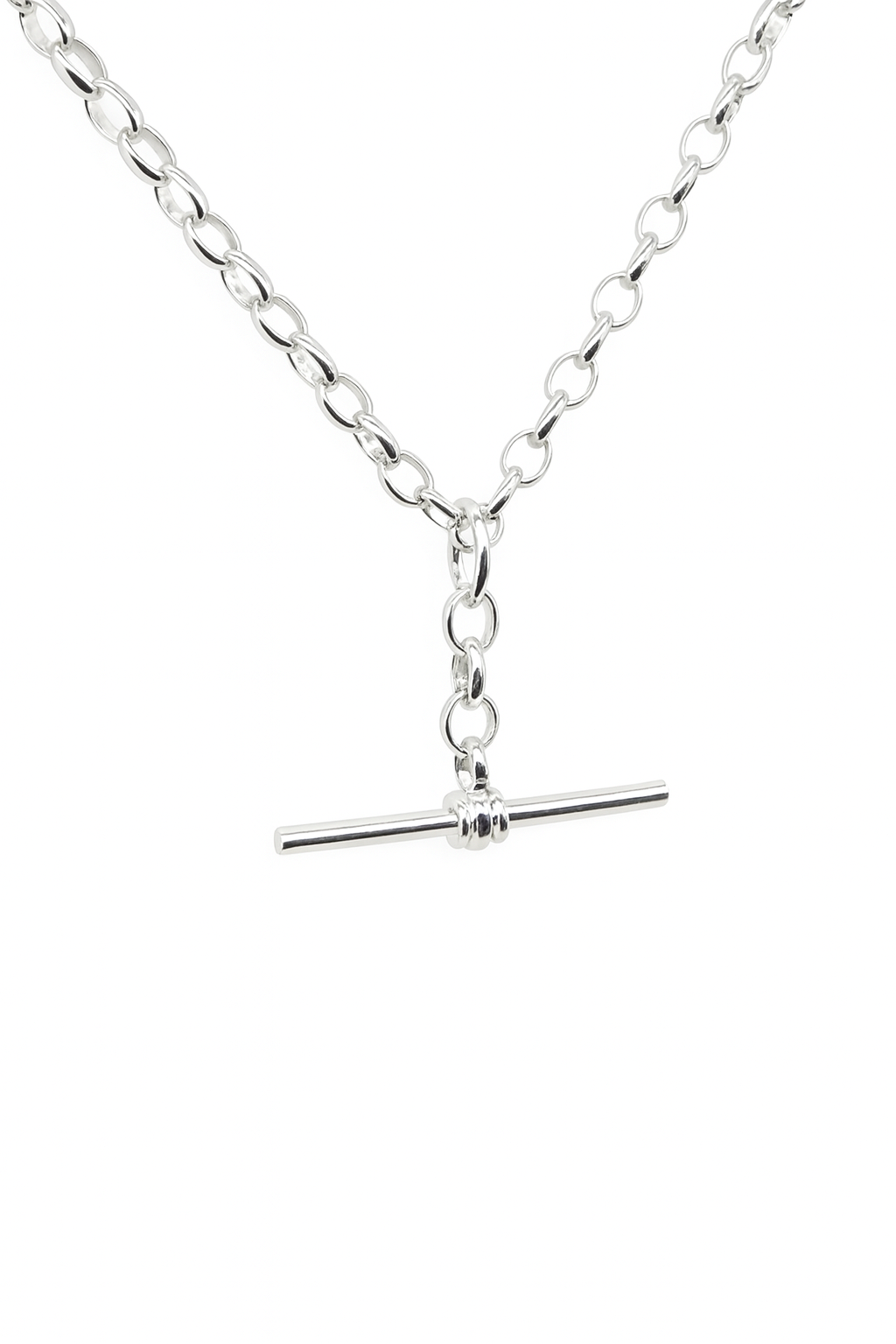 Sterling Silver BO1 Oval Belcher Chain With 25mm Sterling Silver Running T-Bar Sterling Silver Pendants 