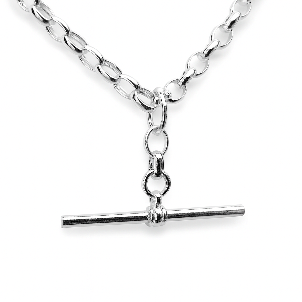Sterling Silver BO3 Oval Belcher Chain With 35mm Sterling Silver Running T-Bar Sterling Silver Pendants 