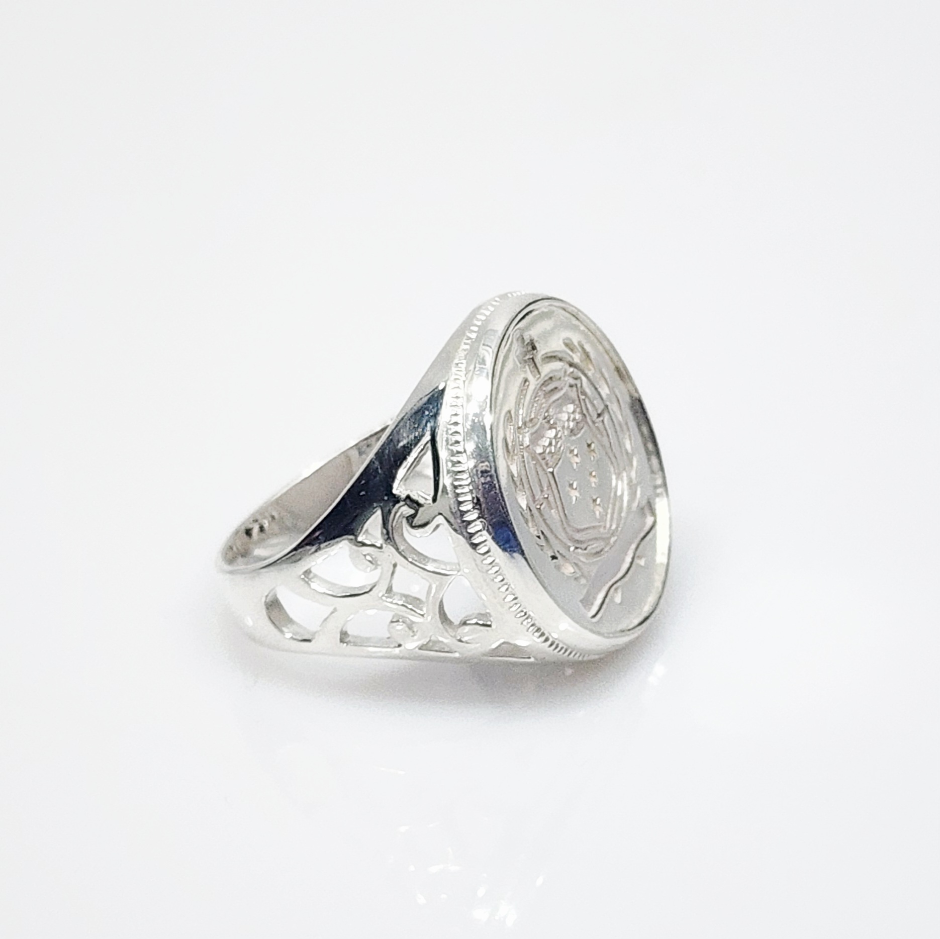 Sterling Silver Samoan Sila Coin Ring with Filigree Ring Mount Sterling Silver Rings Sterling Silver Samoan Sila Coin Ring with Filigree Ring Mount Sterling Silver Rings