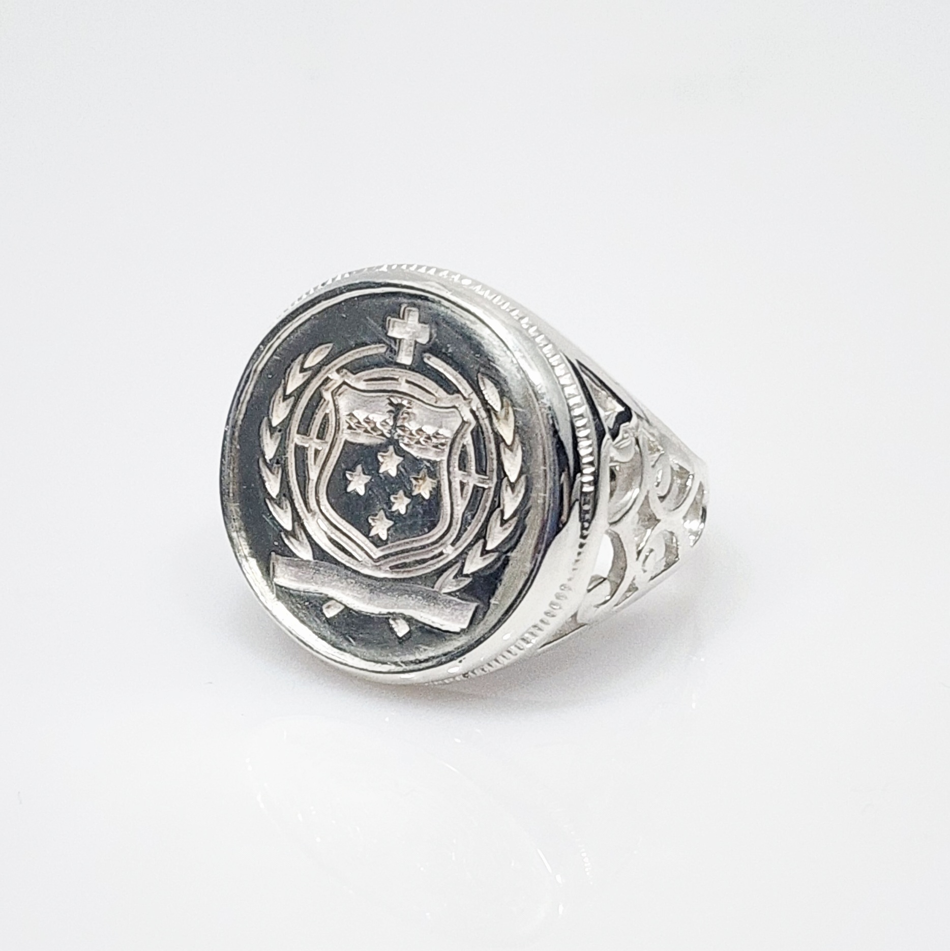 Sterling Silver Samoan Sila Coin Ring with Filigree Ring Mount Sterling Silver Rings Sterling Silver Samoan Sila Coin Ring with Filigree Ring Mount Sterling Silver Rings
