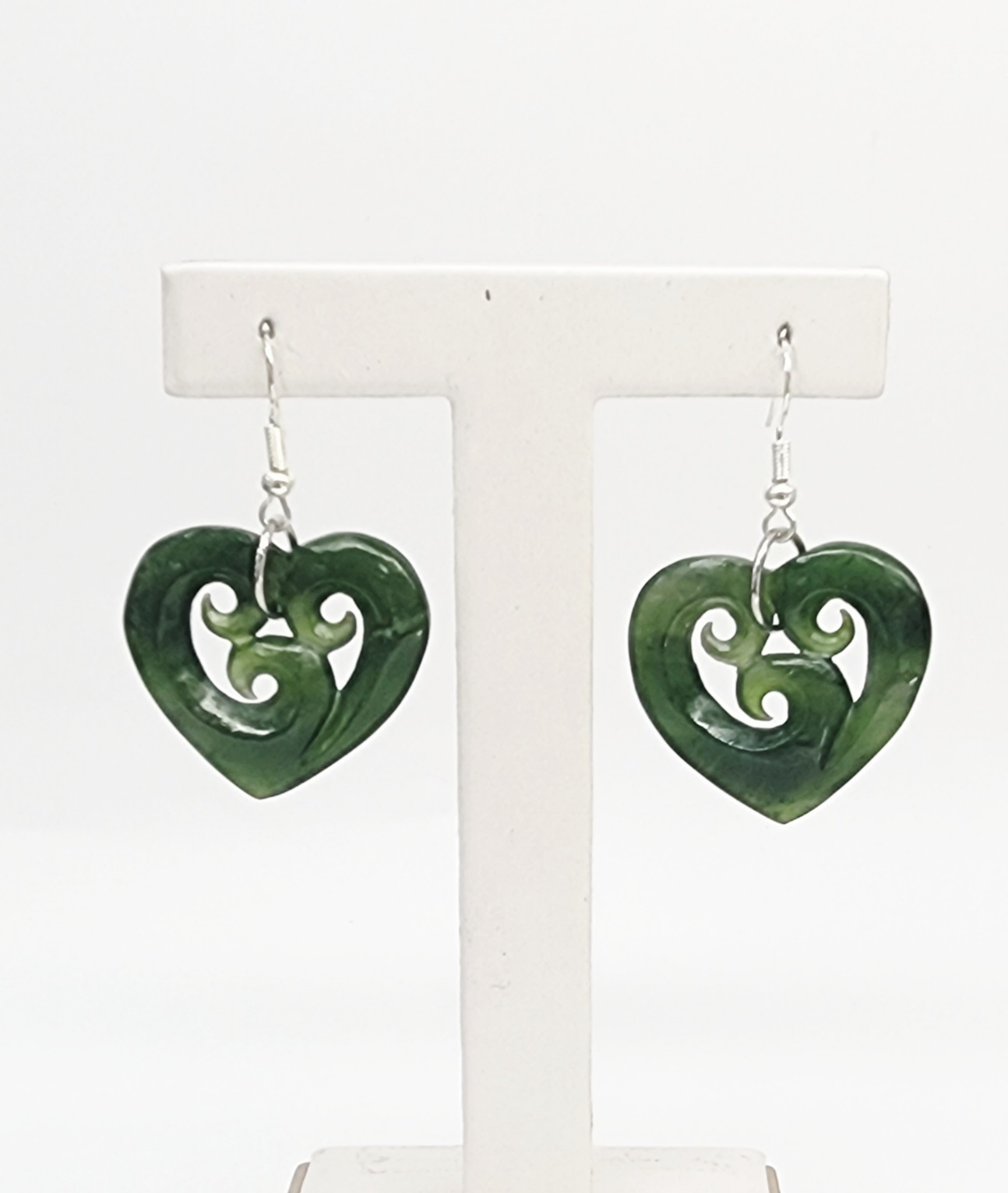 Greenstone Heart Earrings with Triple Koru Carving & Sterling Silver Hooks Greenstone?Jewellery 