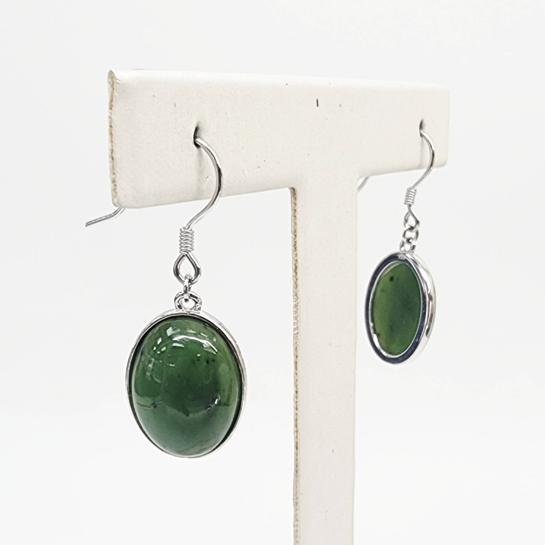 New Zealand Greenstone Oval Dome Hook Earrings – Sterling Silver Setting Greenstone?Jewellery 