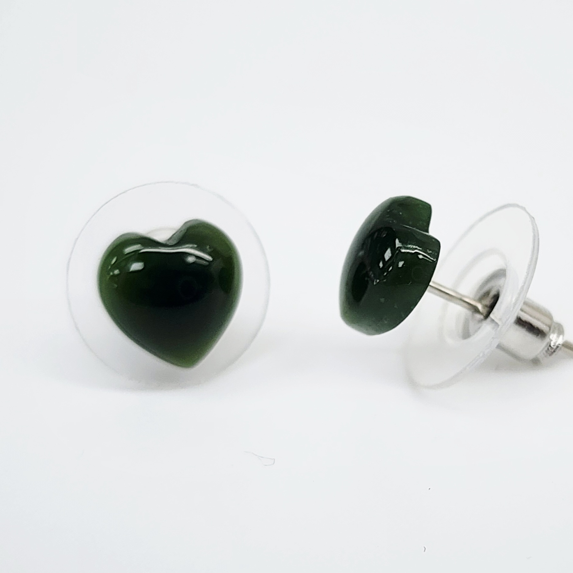 New Zealand Greenstone 8.10mm Wide Heart Shaped Stud Earrings in Surgical Steel Greenstone Jewellery 