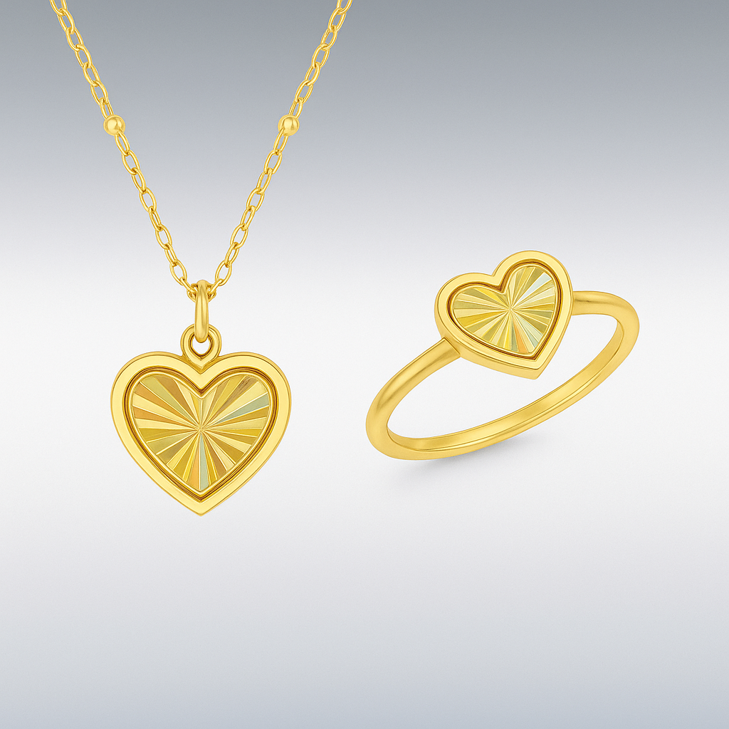 9ct Yellow Gold Rainbow Heart Necklace & Ring Combo Set  