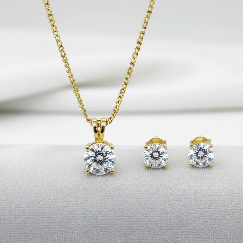 9ct Yellow Gold CZ Pendant & Cushion Cut CZ Stud Earrings Set  