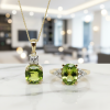 9ct Yellow Gold Cushion-Cut Peridot Pendant & Peridot Trio Diamond Ring Set