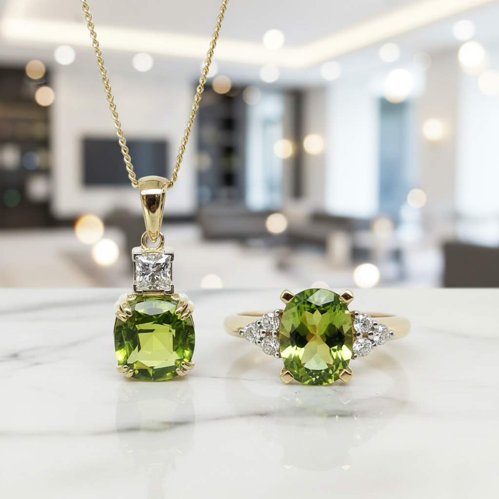9ct Yellow Gold Cushion-Cut Peridot Pendant & Peridot Trio Diamond Ring Set  