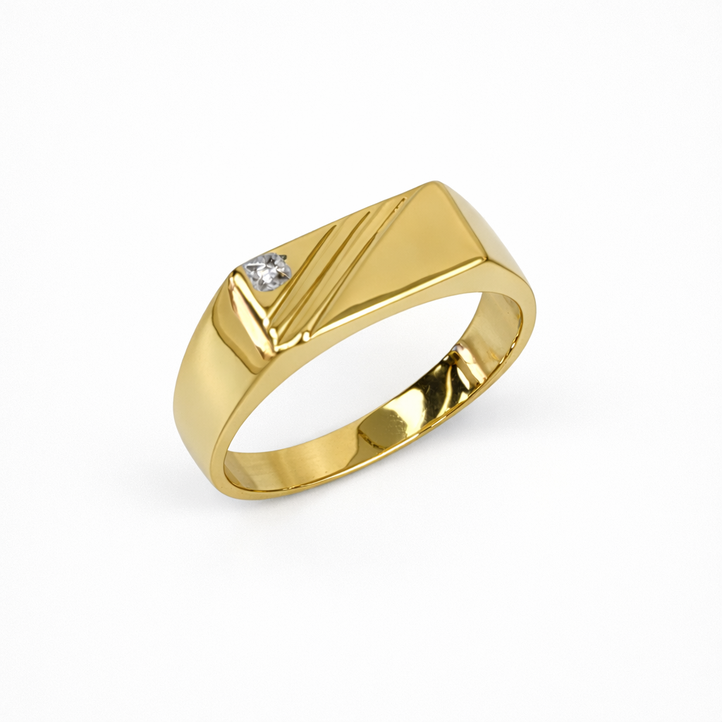 9ct Yellow Gold Gents Signet Ring with 4-Claw Set Diamond 14.35 x 6.30mm Top - 9YGD9471 Gold Rings 