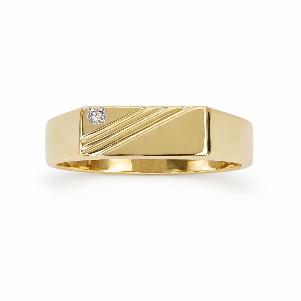9ct Yellow Gold Gents Signet Ring with 4-Claw Set Diamond 14.35 x 6.30mm Top - 9YGD9471 Gold Rings 9ct Yellow Gold Gents Signet Ring with 4-Claw Set Diamond 14.35 x 6.30mm Top - 9YGD9471 Gold Rings