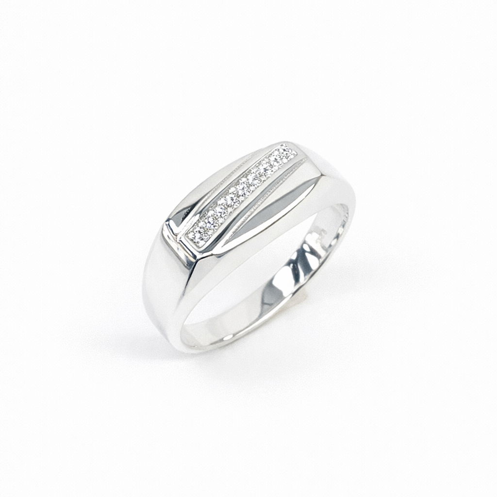 Sterling Silver Gents Signet Ring with CZ Set Bar, 14mm x 9mm Top – Wedding / Dress Ring - SSD7609 Gold Rings 