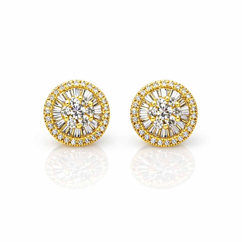 18ct Yellow Gold Natural Diamond Halo Stud Earrings 0.43ct – Round & Baguette - 18KR31199EL Gold Rings 18ct Yellow Gold Natural Diamond Halo Stud Earrings 0.43ct – Round & Baguette - 18KR31199EL Gold Rings