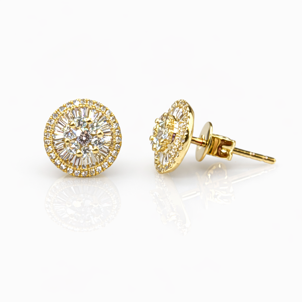 18ct Yellow Gold Natural Diamond Halo Stud Earrings 0.43ct – Round & Baguette - 18KR31199EL Gold Rings 18ct Yellow Gold Natural Diamond Halo Stud Earrings 0.43ct – Round & Baguette - 18KR31199EL Gold Rings