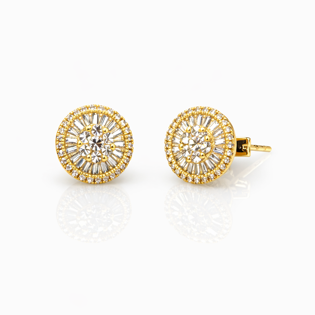 18ct Yellow Gold Natural Diamond Halo Stud Earrings 0.43ct – Round & Baguette - 18KR31199EL Gold Rings 