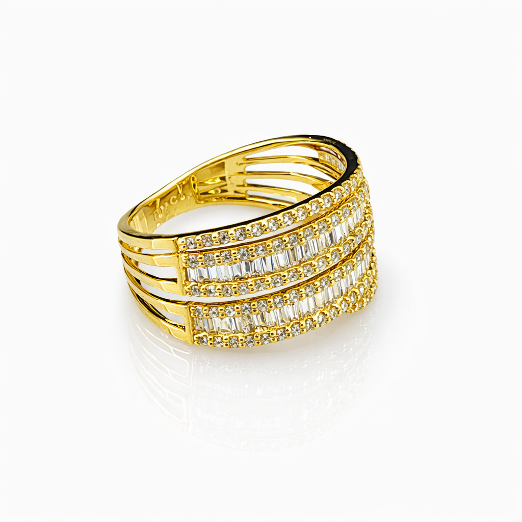 18ct Yellow Gold Multi-Row Natural Diamond Ring 0.74ct TDW – Round & Baguette Cut Statement Band - 18KR46180L Gold Rings 