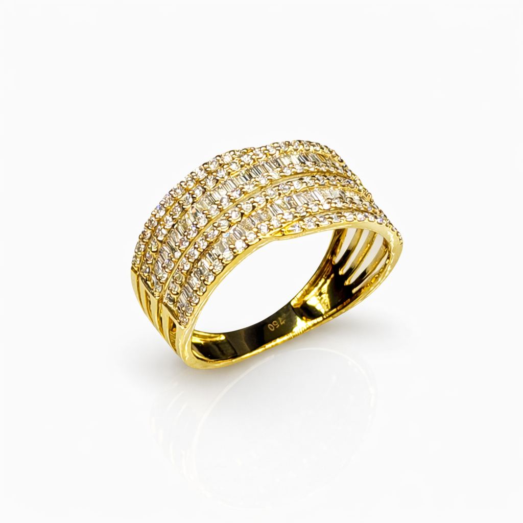 18ct Yellow Gold Multi-Row Natural Diamond Ring 0.74ct TDW – Round & Baguette Cut Statement Band - 18KR46180L Gold Rings 18ct Yellow Gold Multi-Row Natural Diamond Ring 0.74ct TDW – Round & Baguette Cut Statement Band - 18KR46180L Gold Rings
